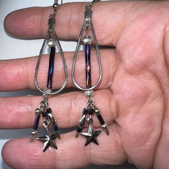 Boho Iridescent Bead and Silver Tone Drop Star Dangle Earrings - Picture 7 of 7